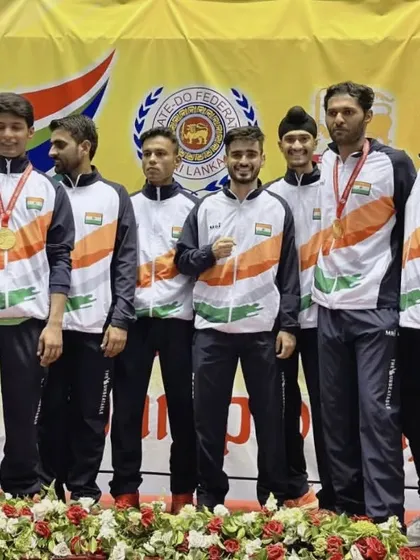On the podium with my teammates after winning the Senior Male Team Kumite event at the South Asian Championship. Team events are about unity, strategy, and fighting for the person next to you.