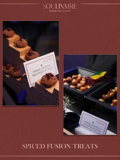 A collage of spiced fusion treats, such as Panko Crusted Beetroot ki Tikki and Smoked Pepper & Jalapeño Stuffed Chargrilled Potato. Our menu is full of innovative and flavourful creations.