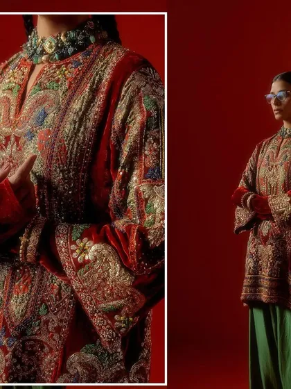 Another composite image from the Debyani & Co shoot, focusing on the rich colors and detailed embroidery of the collection.