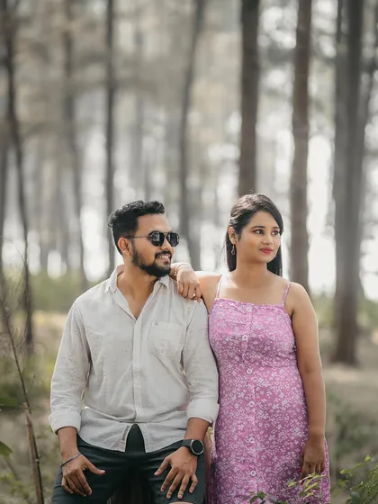 A stylish, relaxed pose in the woods. This shows how we can blend candid moments with gently guided poses.