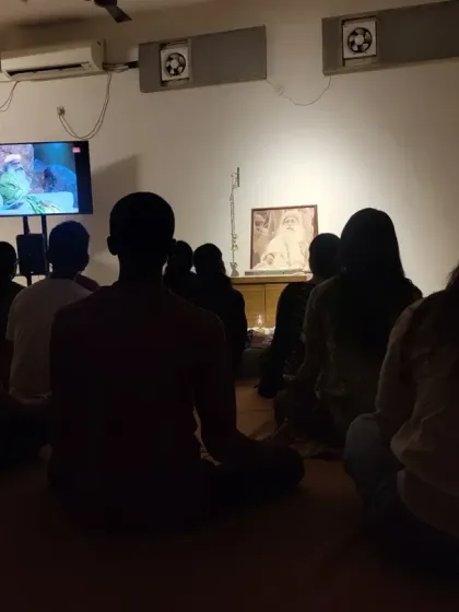 Another view of the Sangha watching a live satsang with Sadhguru. We are grateful for the technology that allows us to connect directly with our Guru.