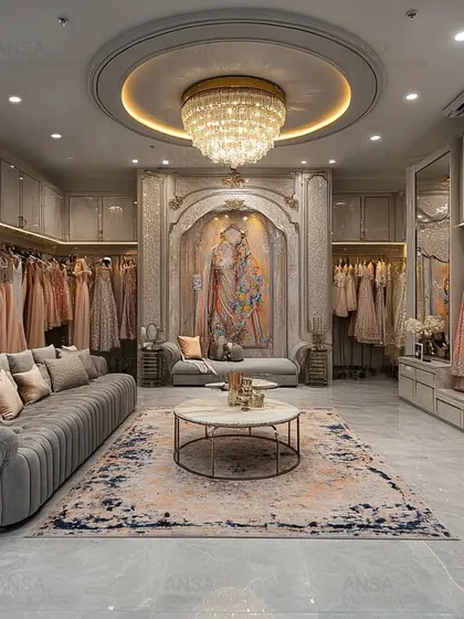 I believe a brand's story should be told through its space. For this high-end fashion studio, I created a luxury experience with a blend of classic and modern elements, from the grand crystal chandelier to the soft, inviting color palette, making it a truly aspirational retail destination.