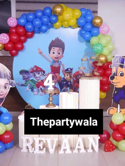 No job is too big, no pup is too small for this Paw Patrol party! This setup includes a large backdrop with all the pups, character cutouts of Chase and Ryder, and a colorful balloon arch.
