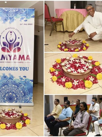 Glimpses from our multi-city spiritual event, showcasing the beautiful floral and lamp decorations that create a sacred ambiance. A participant is seen lighting a lamp, a symbolic act of invoking light.