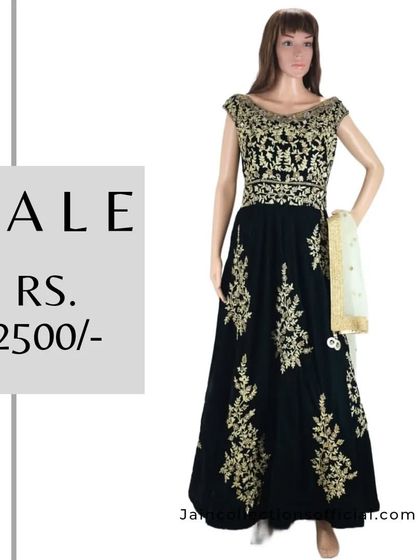 This elegant black gown with gold embroidery is on sale for Rs. 2500. Perfect for a cocktail or reception party.