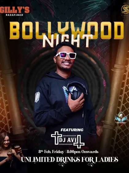 My regular Bollywood nights at top Bengaluru clubs like Gilly's are legendary. This flyer captures the vibe of a typical high-energy Friday or Saturday night set.