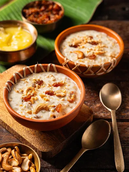 We show variety in styling even for the same dish. Here, the kheer is presented in different traditional bowls, giving the client multiple visual options for their menu and marketing.
