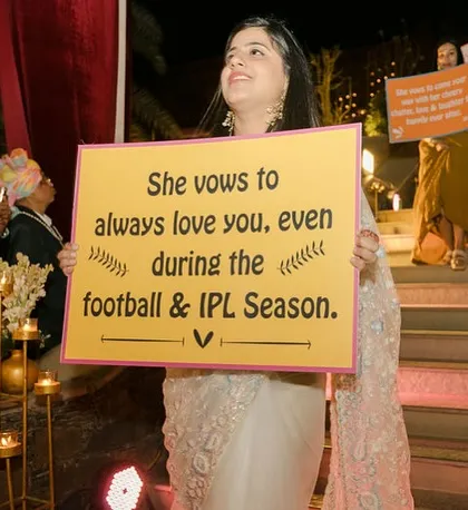 Another hilarious and personal vow on a placard for the bride's entry. These details make the wedding truly unique.
