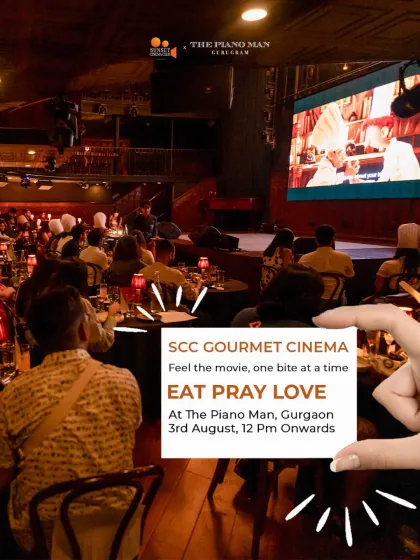 Join us on a journey of self-discovery with Eat Pray Love. This image captures the essence of our event, where the film's emotional depth is paired with a multi-course menu inspired by Italy, India, and Bali, all within an intimate, immersive setting.