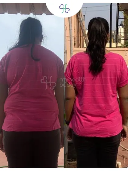 Lavanya's back transformation, showing improved posture and a leaner physique after her 12 kg weight loss.