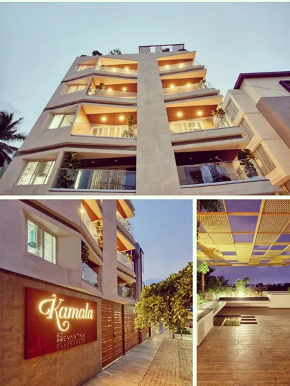 A collage of the Kamala Evantha apartment building. This project showcases our approach to urban residential design, featuring dynamic balconies, a welcoming entrance, and thoughtfully designed common areas like the rooftop terrace.