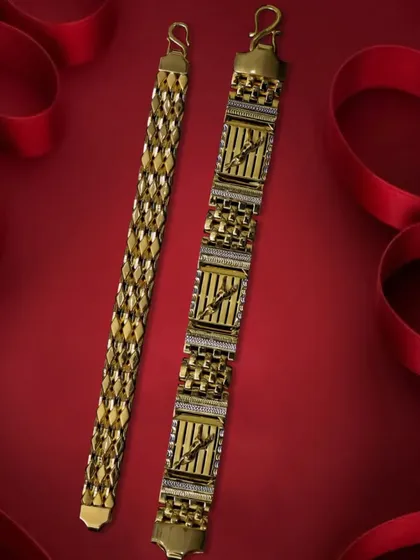 This is the kind of creative jewelry photography I specialize in. I used a vibrant red ribbon background to make these intricate gold bracelets stand out, highlighting their detailed craftsmanship for an ad campaign.