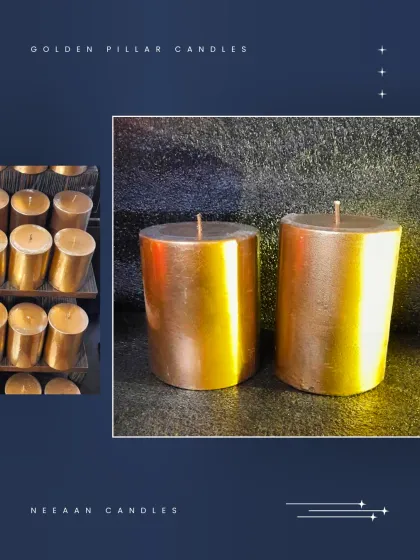 Another look at our Golden Pillar Candles, perfect for festive vibes, luxe decor, or a touch of golden serenity.