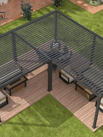 This 3D render shows an L-shaped rafter pergola design, perfect for corner spaces. The open-roof structure provides shade for built-in benches, maximizing seating in a garden or yard.