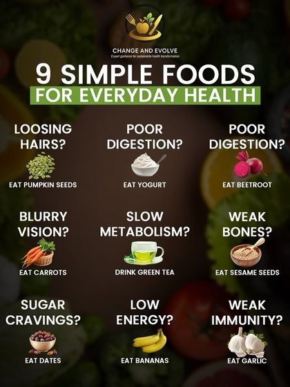 This graphic lists 9 simple foods for everyday health, addressing issues like hair loss (pumpkin seeds), poor digestion (yogurt), and low energy (bananas).