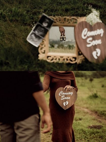 A creative and artistic announcement collage. The top frame uses a mirror to reflect tiny baby shoes, while the bottom frame shows the mom-to-be with a "Coming Soon" sign.
