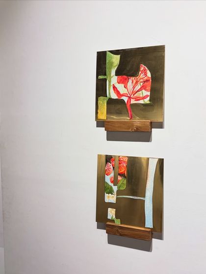 Part of the 'Mapping Memories' series, these mixed-media works on brass explore the nature of memory. The reflective surface and abstract forms create a dialogue between the seen and the remembered.