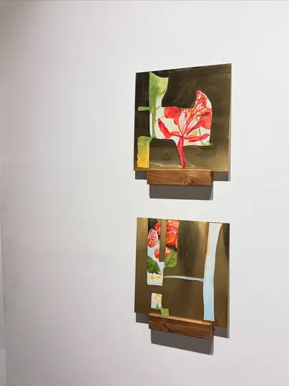 Part of the 'Mapping Memories' series, these mixed-media works on brass explore the nature of memory. The reflective surface and abstract forms create a dialogue between the seen and the remembered.