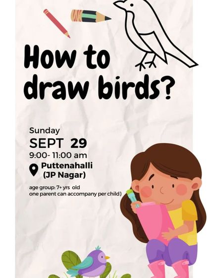 An announcement for a "How to draw birds?" workshop, combining art with a beginner's bird watching session, led by a wildlife artist.