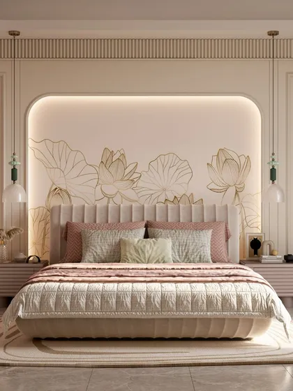 I designed this girl's bedroom to feel like a quiet embrace. The centerpiece is a custom headboard set against a delicate, hand-painted lotus mural, creating a serene focal point that is both artistic and deeply calming.
