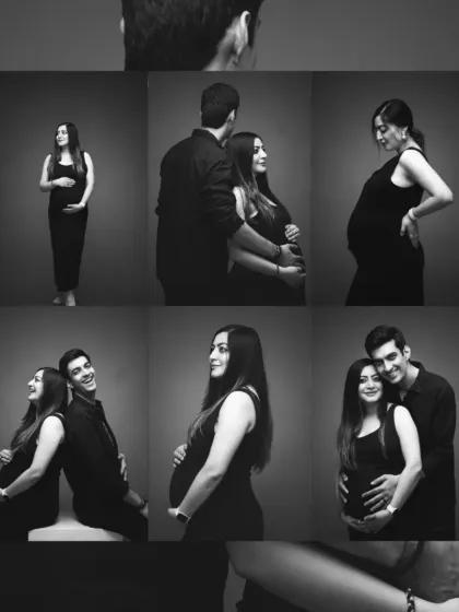 A moody and artistic black and white collage. It captures a series of intimate and elegant poses from a couple's studio maternity session.