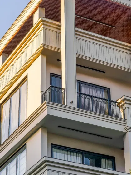 A sneak peek detail of the Rosewood project, highlighting the classical mouldings and columns. This close-up shows the craftsmanship that goes into creating a timeless and elegant facade.