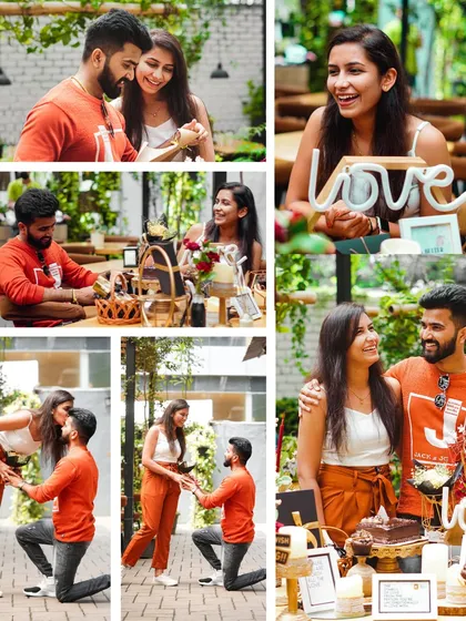 A collage showing the journey of a perfect proposal. From the surprise reveal and getting down on one knee to the happy tears and the 'yes', we capture it all.