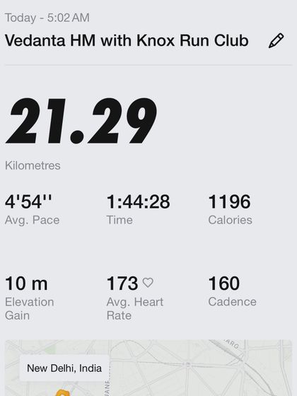 The data tells the story. A screenshot of my personal result from my first half marathon, hitting my target time thanks to a structured training plan and community support.