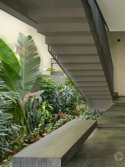 We believe in integrating nature within the home. This internal courtyard and staircase show how we use voids and greenery to bring natural light and life deep into the building's core, creating a tranquil atmosphere.