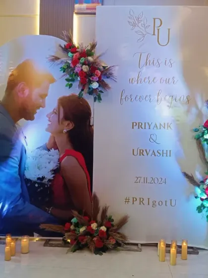 A romantic backdrop for Priyank and Urvashi. A large, beautiful photo of the couple is the centerpiece, with their names, date, and hashtag "PRIgotU" printed alongside.
