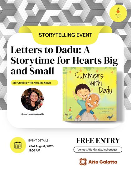 Poster for a storytelling event with author Aprajita Singh for her book 'Summers with Dadu'.