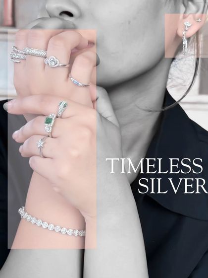 For all the silver girlies. A collage showcasing our timeless silver rings, bracelets, and earrings.