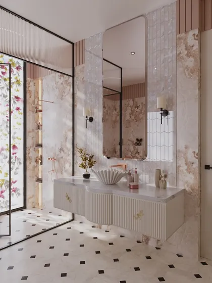 For this young girl's bathroom, I envisioned an underwater fairytale. A sculpted shell-shaped washbasin sits atop a floating vanity, complemented by iridescent mother-of-pearl tiles and a floral glass partition that filters light magically.