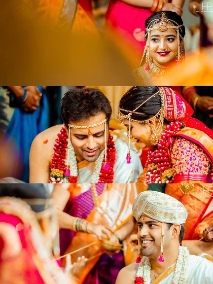 A collection of candid moments from the wedding ceremony, showing the couple's interactions and the groom's happiness.