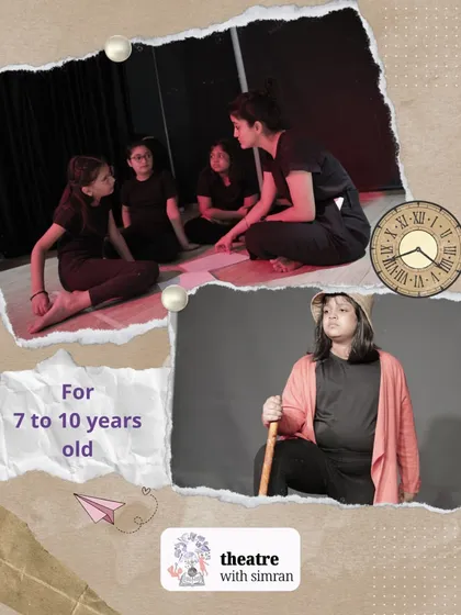 A collage from our "Storyweavers" program for 7 to 10 year olds, showing them in rehearsal and deep in character.