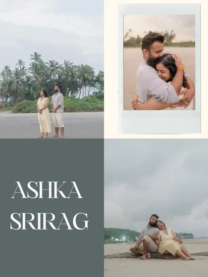 A collection of moments from their beach shoot at Mandrem, Goa. The Polaroid-style hug and the serene portraits by the palm trees tell a story of relaxed love.