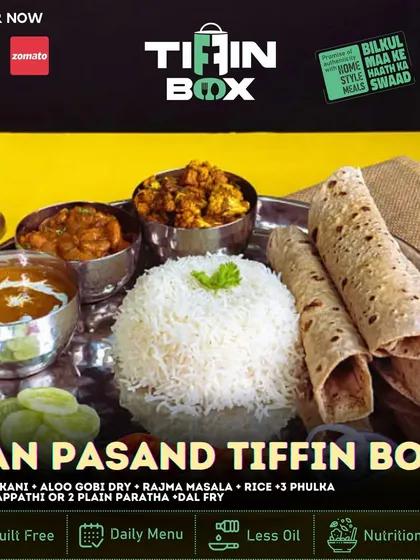 The Man Pasand Tiffin Box is for those with a hearty appetite. It's packed with Dal Makhani, Aloo Gobi Dry, Rajma Masala, Dal Fry, rice, and your choice of breads.