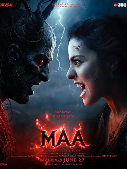 The powerful poster for 'Maa', showing the epic confrontation at the heart of the film. The costumes here are integral to the visual storytelling, defining the clash between the protector and the destroyer.