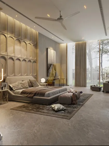 This is where minimalism meets indulgence. The bedroom features a stunning arched-panel feature wall, floor-to-ceiling windows, and a calm, neutral color scheme for a feeling of understated luxury.