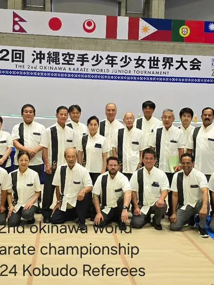 The official group photo of the Kobudo referees for the 2nd Okinawa World Karate Championship in 2024. I was proud to be part of this esteemed panel.