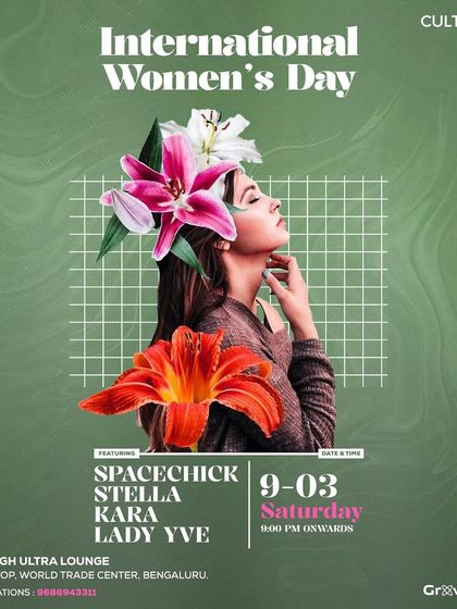 The main lineup poster for the International Women's Day event. The collective image is a powerful statement of female unity and talent.