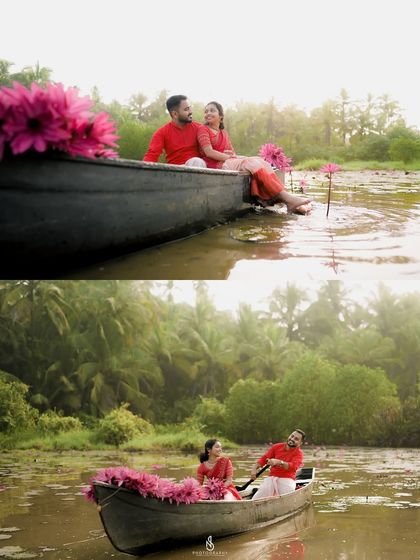 A collage from a romantic boat photoshoot, showing different angles and moments from their time on the water.
