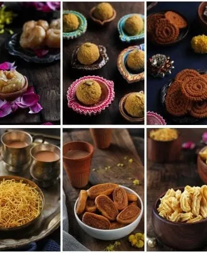 A collage of my diverse offerings, from sweet Balushahi and Laddoos to savoury Chakli and Bhakarwadi. I have something for every taste and occasion.