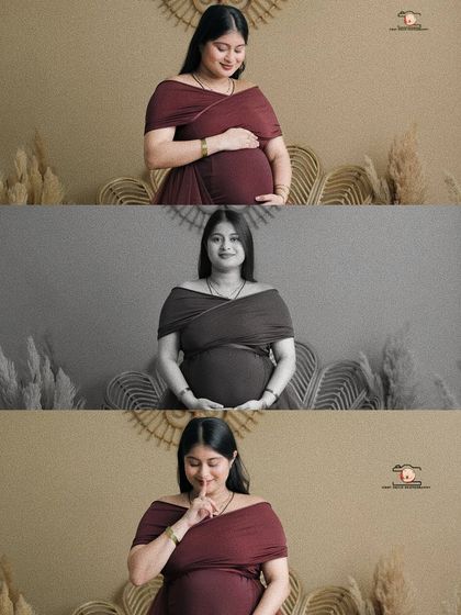 This collage shows a series of expressions from the mother-to-be. From a gentle smile to a playful 'shush', it captures the different emotions of her pregnancy journey in her beautiful gown.