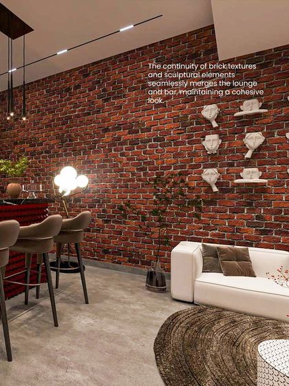 The continuity of the brick texture and sculptural elements seamlessly merges the lounge and bar areas, maintaining a cohesive look throughout the entertainment space.