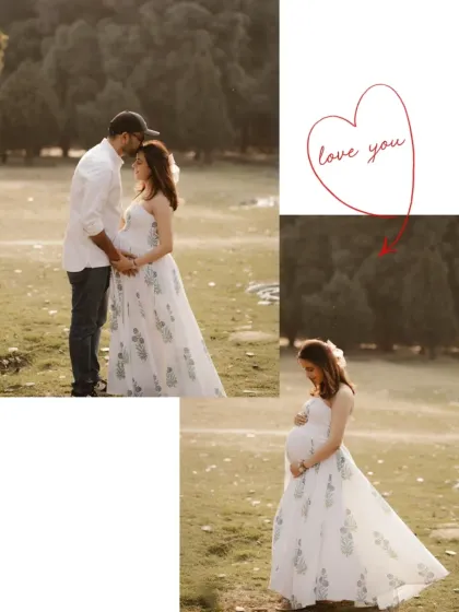 A collage of romantic moments from a golden hour outdoor shoot. The soft light and natural setting create a beautiful backdrop for this couple's love story.