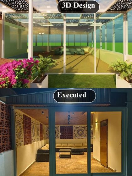 This comparison highlights the transformation of a terrace entrance. The 3D render proposed a modern, enclosed space with decorative panels, which was then executed to create a stunning and functional area.