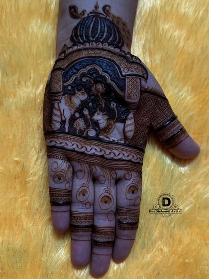 A beautiful depiction of a traditional Karwa Chauth scene on the palm, complete with intricate borders.