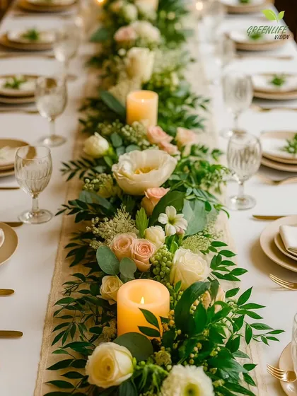 We also provide green styling for events. This beautiful tablescape features a lush runner of eucalyptus, roses, and other foliage, with candles interspersed to create a romantic and elegant ambiance.