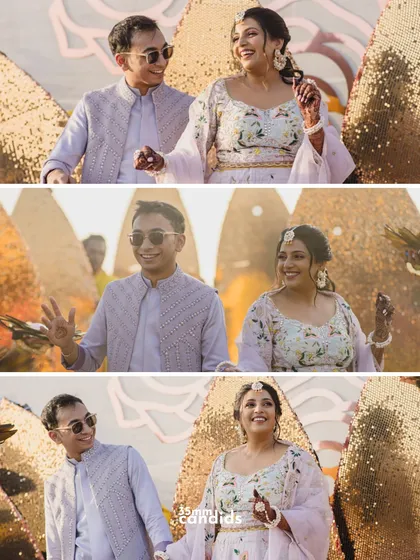 A collage of the couple's grand entry at their Haldi, holding hands and smiling against a backdrop of shimmering gold decor.